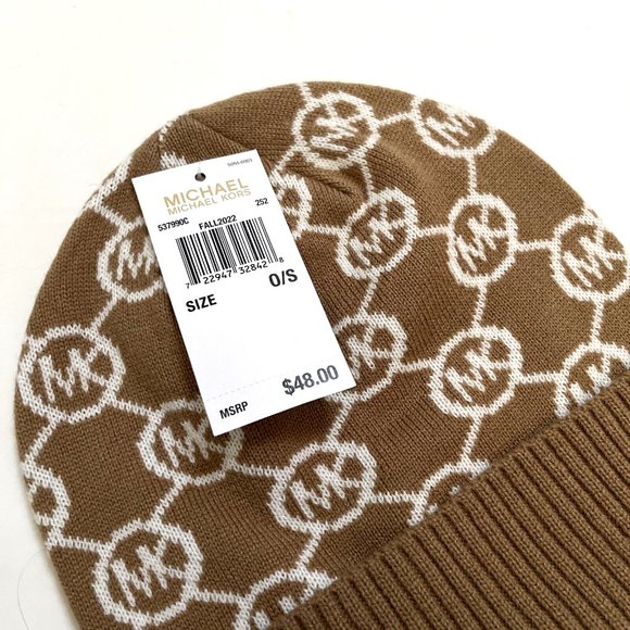 NWT Bundle 2PC MICHAEL KORS Gloves + Hat Beanie Signature Logo Acrylic Brown - Picture 3 of 4